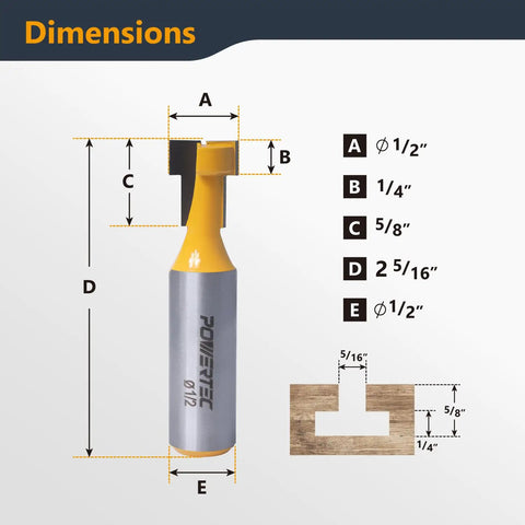 No Nonsense T Slot Router Bit For Slick T Track Cuts With Hella Durable Tungsten Carbide Tip Half Inch Shank and Diameter dimensions diagram.
