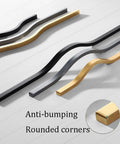 Brushed Gold Aluminum Alloy Sleek Cabinet Handles Set 2 Pcs Finger Edge Pulls Cupboard Drawer Door Levers, shown in three colors