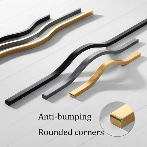 Brushed Gold Aluminum Alloy Sleek Cabinet Handles Set 2 Pcs Finger Edge Pulls Cupboard Drawer Door Levers, shown in three colors