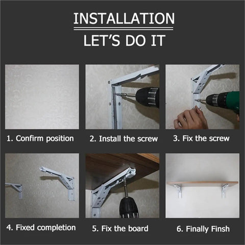 Heavy Duty Folding Shelf Brackets 2 Pack Stainless Steel Collapsible Wall Mounts installation steps on a wall.