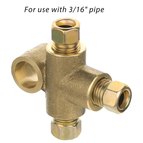 Heavy Duty Three Way T Shape Brake Line Tee Brass Union With Three Male Nuts Fits Three Sixteen Inch Pipe M10 Threading close up view