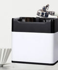Electric Espresso Knock Box Featuring Automatic Portafilter Scraper For 51mm 58mm Handles in a modern white steel design.