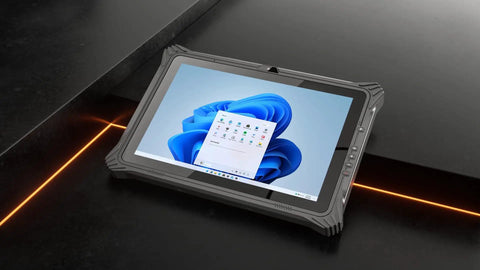 Tough As Nails Rugged Windows Tablet Featuring A Slick 12.2 Inch HD Touchscreen on dark surface with glowing line.