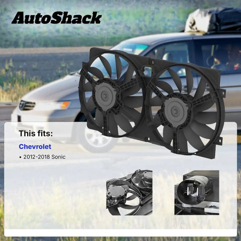 Straight Bolt Up Radiator Cooling Fan Assembly For Chevrolet Sonic 2012 To 2018 L4 1.8L showing dual fans with black shroud.