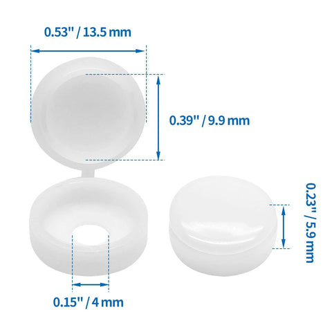 50 Pack White Plastic Hinged Screw Cover Caps for 4mm Hole Screws, 13mm Outer Diameter, snap-on flip top, product dimensions shown