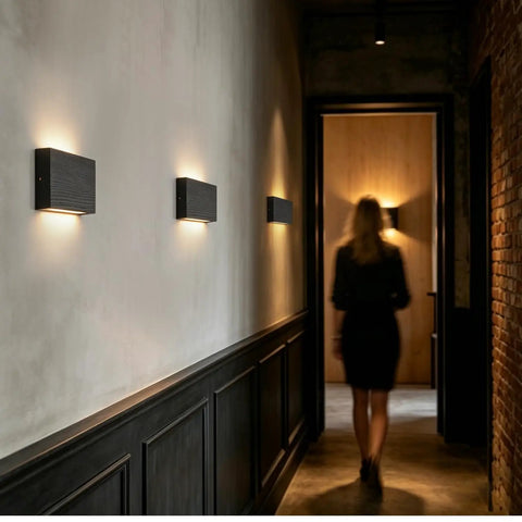Modern Wood LED Linear Wall Sconce, Mini Up Down Wall Mount Light, Hardwired, UL Listed, Wood Wall Lighting Fixture for Bedroom, Living Room, Stairway, Hallway, (Black) 2 Pack illuminating a stylish hallway.