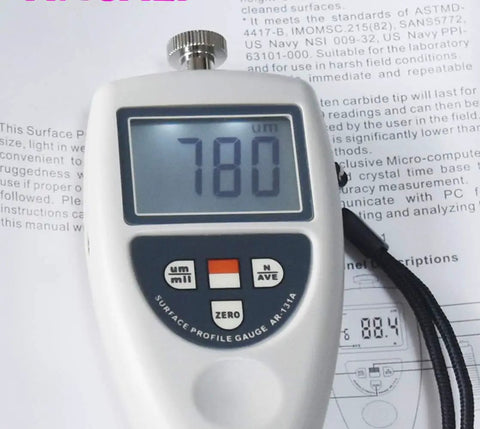 Surface Roughness Meter And Profile Gauge With 0 To 750 Micrometer Range 1 Micrometer Resolution Fast Readings Over 30 Per Minute High Accuracy Profilometer Style Tool For Precise Surface Quality, digital display showing a reading