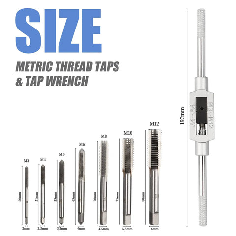 Image showing the 7 Piece HSS Thread Tap Set With Adjustable Tap Wrench, Metric Taps From M3 To M12 for threading metals and plastics.