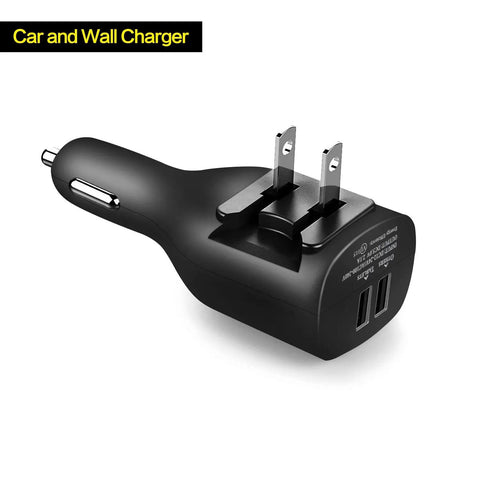 Straight Up Game Changer 2 Pack Dual USB Car Charger With Foldable Wall Adapter Portable Quick Charge Hub showing a black charger with dual USB ports.