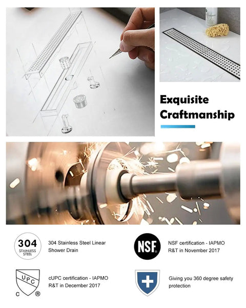 Design and craftsmanship of a 36 Inch Linear Shower Drain with Brushed Nickel Finish, 304 Stainless Steel