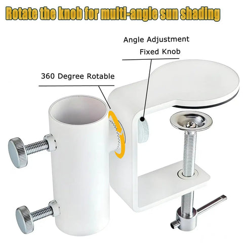 Heavy Duty Patio Umbrella Clamp In Rustproof Steel With 360 Degree Rotation Railing Holder For Balcony Fence Bleachers And Outdoor Deck Easy Install And Secure Grip showing adjustable knobs and rotation feature.