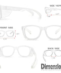 Top Shelf Photochromic Safety Glasses Featuring Fast Adapting Lenses Beefy Side Shields Ansi Z87 Approved dimensions side, front, and back views.