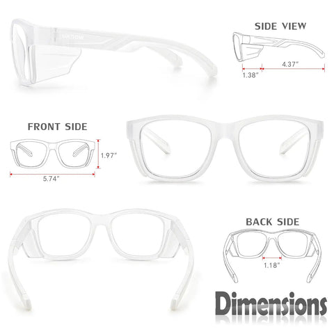 Top Shelf Photochromic Safety Glasses Featuring Fast Adapting Lenses Beefy Side Shields Ansi Z87 Approved dimensions side, front, and back views.