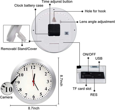 Diagram showing Discreet Hidden Camera Wall Clock with 1080P HD WiFi Live Feed, Motion Detection Alarm, Nanny Cam features.