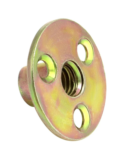 Top Shelf 3/8 16 Round Base T Nuts 25 Piece Set Heavy Duty Carbon Steel Flange Inserts For Furniture Crafting And Woodworking Builds Tough Nickel Coating Quick Install And Rock Solid Hold round base T nut with four holes and nickel coating