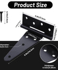 Diagram of 4 Pack 6 Inch T Strap Hinges Heavy Duty Black Outdoor Tee Hinges dimensions and screw size shown