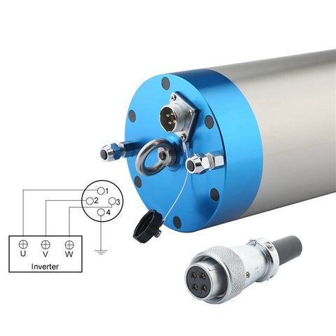 Top Shelf 5.5KW Water Cooled Cnc Spindle Motor 380V 24000Rpm Er25 Chuck with blue end cap and wiring connections.