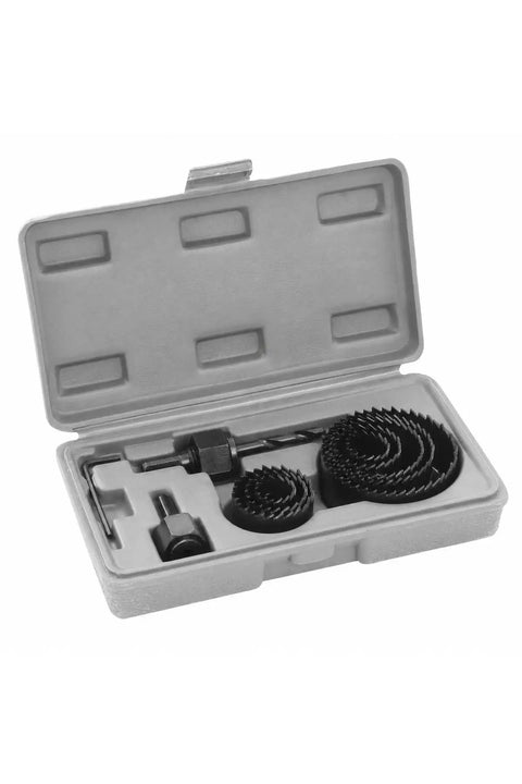 Super Duper Heavy Duty 11 Piece Hole Saw Kit W/ Case For Cutting Wood Plastic PVC Aluminum Thin Metal Sheets Includes Adapters To Make Your Next Project Quick And Easy With Premium High Carbon Steel Teeth, open case
