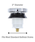Chrome Touch Toe Tub Stopper Fits 2 Inch Cross Arm Drains With Adapters For Five Sixteenths And Three Eighths Inch Thread Sizes Hands Free Press To Close Or Open No Tools Required Bathroom Drain Accessory, side view showing 2 inch diameter