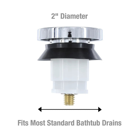 Chrome Touch Toe Tub Stopper Fits 2 Inch Cross Arm Drains With Adapters For Five Sixteenths And Three Eighths Inch Thread Sizes Hands Free Press To Close Or Open No Tools Required Bathroom Drain Accessory, side view showing 2 inch diameter