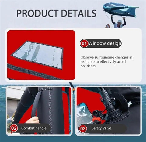 Product details showing inflatable foil wing kit window design, comfort handle, and safety valve for easy setup water games gear.