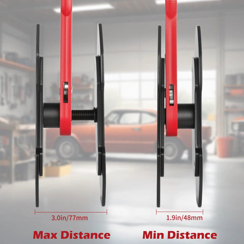 Two brake caliper compression tools with magnetic plates and 360° ratchet, red and black steel.