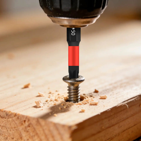 Close-up of a 43 Piece Screwdriver Bits Set With Nut Drivers, Socket Adapters and Magnetic Bit Holders drilling into wood.