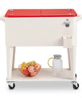 80 Quart Rolling Ice Chest On Wheels For Outdoor Bevs And Patio Parties With Waterproof Cooler Cart Cover Keeps Drinks Cold 48 Hours And Food Warm 8 Hours Holds Up To 100 Cans Includes Bottle Opener And Cap Catcher, side view with red lid