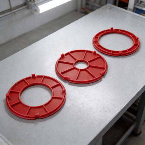 Heavy Duty Insertion Ring Set Crafted For RA1171 RA1180 RA1181 Router Tables showing three red plastic drop-in rings on a gray surface.