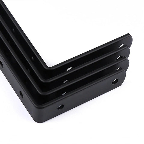 Hella Sturdy Thickened Black Steel L Shaped Corner Braces Heavy Duty 90 Degree Right Angle Shelf Supports Pack of Twelve showing three brackets.