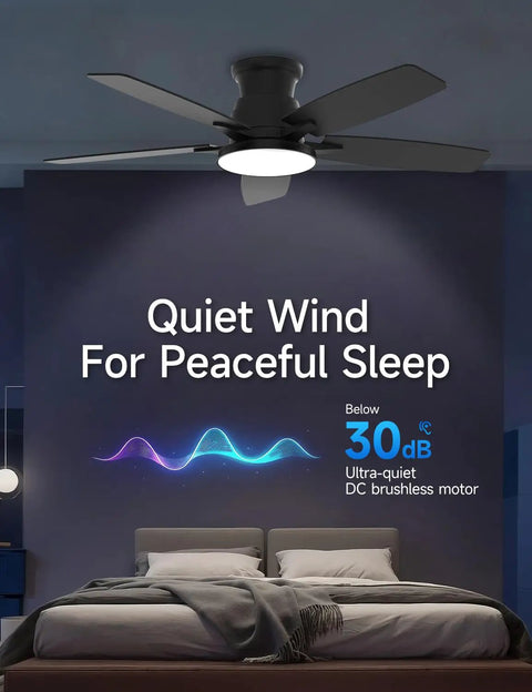 Flush Mount Ceiling Fan With Light 52 Inch Remote Control 3CCT Dimmable LED in bedroom setting