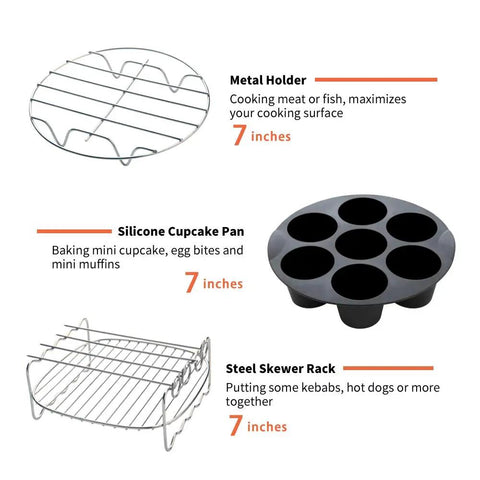 Must Have Ultimate Air Fryer Accessories Set For 3.7QT To 5.8QT Deep Fryers Includes 7 Inch Cake Barrel Pizza Pan Cupcake Pan Skewer Rack Silicone Mat Oven Mitts Food Tong Oil Brush Cookbook And More Essentials For Crisp And Even Results
