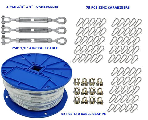 Medium Duty Cable Kit For Baseball And Softball Batting Cages With Three Eighths Inch Eye And Jaw Turnbuckles, cable and hardware
