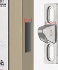 Two Pack Sliding Door Keepers For Glass Doors, Half Inch Door Lock Keepers, Zinc Alloy Construction, detailed side view on door frame