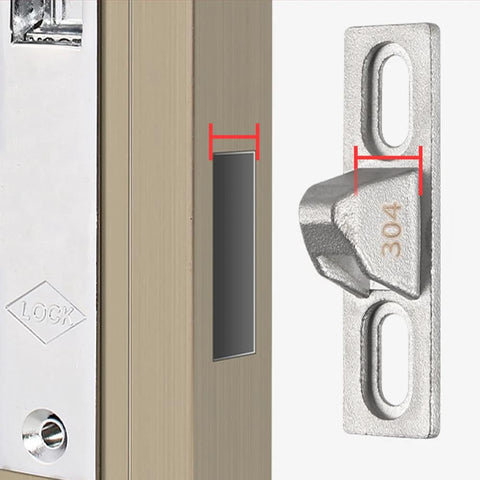 Two Pack Sliding Door Keepers For Glass Doors, Half Inch Door Lock Keepers, Zinc Alloy Construction, detailed side view on door frame