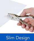 Heavy Duty Metal Single Hole Puncher For 8 Sheet Capacity With 6mm Punch Diameter and 16mm Throat Depth, slim handle in use.