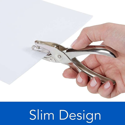 Heavy Duty Metal Single Hole Puncher For 8 Sheet Capacity With 6mm Punch Diameter and 16mm Throat Depth, slim handle in use.