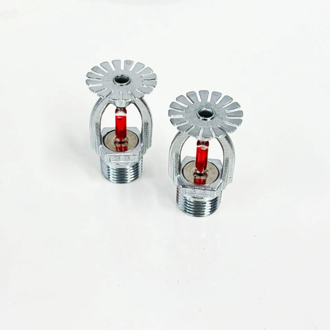 Two Rock Solid Pendent Fire Sprinkler Heads With Chrome Plated Copper Body 1/2 Inch Npt Thread, showing chrome finish and red activation element.