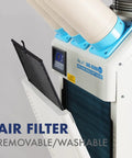 Close-up of Indoor Outdoor Triple Duct Mobile Spot Cooler 22,184 BTU Industrial Grade with air filter and controls visible.