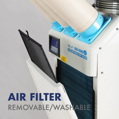 Close-up of Indoor Outdoor Triple Duct Mobile Spot Cooler 22,184 BTU Industrial Grade with air filter and controls visible.