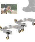 Stainless Steel Horse Spurs Set for Equestrian Riding 1 Pair With Wrap Around Gears Western Style Spurs in use on rider boot