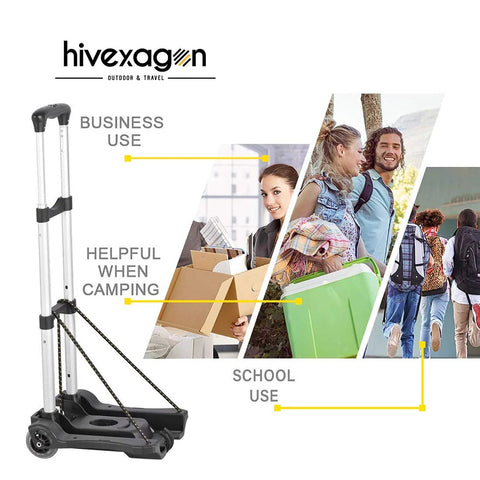 Collage showcasing Folding Luggage Cart With 88 Lb Load Capacity Lightweight Durable Aluminum Alloy Frame for various uses.