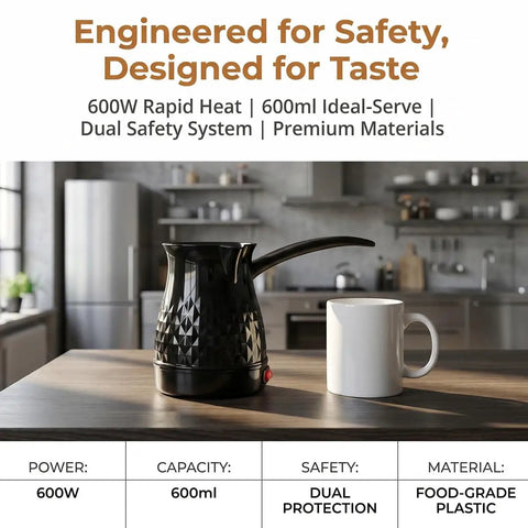 Go To Turkish Coffee Maker 600Ml Electric Pot With Even Heating Removable Anti Scald Handle Spill Proof Pour Spout on kitchen counter