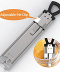 Candy Thermometer With Pot Clip Instant Read Six Stage Deep Fry And Candy Making Gauge in stainless steel showing pot attachment.