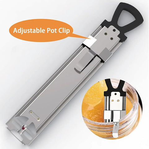 Candy Thermometer With Pot Clip Instant Read Six Stage Deep Fry And Candy Making Gauge in stainless steel showing pot attachment.