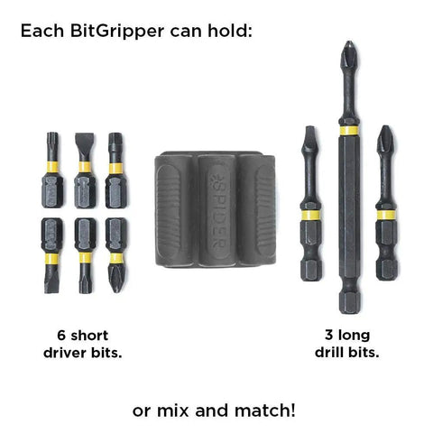 BitGripper V2 Side Mount Drill Bit Holder with 6 short and 3 long driver bits shown for easy access on the side of a drill.