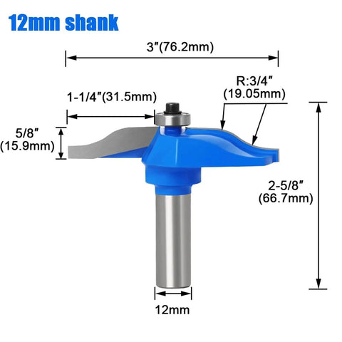 Precision Wood Router Bit Set Featuring 1/2 Inch Shank Tenon Cutter Plus 14 Inch Round Over And V Groove Tools with dimensions
