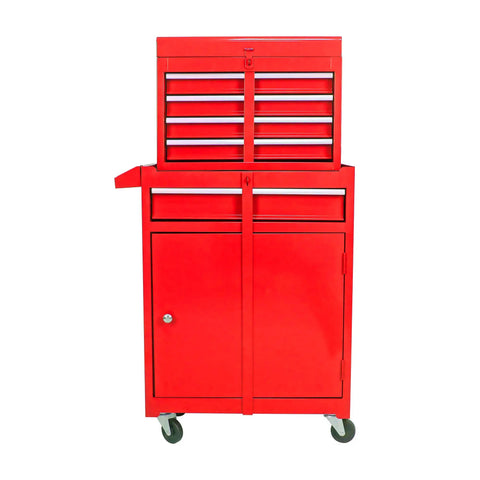 Heavy Duty Steel Rolling Tool Chest With Five Roomy Ball Bearing Drawers And Detachable Worktop front view in red color.