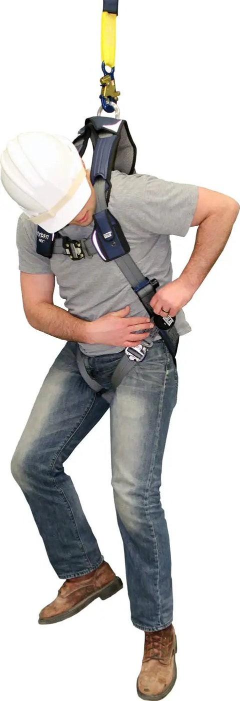 Person using Suspension Trauma Safety Strap For Harnesses, 1 Pair Pack, Black Go To Rescue Accessory, during fall protection scenario.