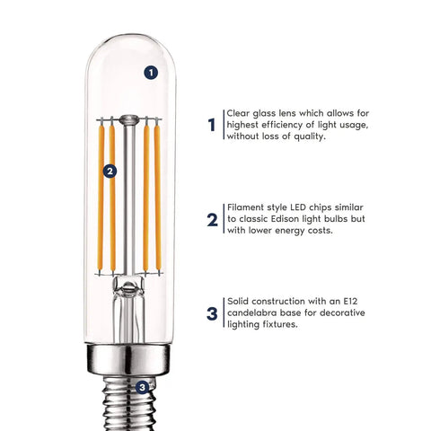 Old School Vintage E12 LED Bulb 60W Equivalent With Edison Filament, Warm White 2700K, 500 Lumens, Dimmable Candelabra Tubular Bulb, 5W Energy Saver, Clear Glass, UL Listed, Pack Of 6